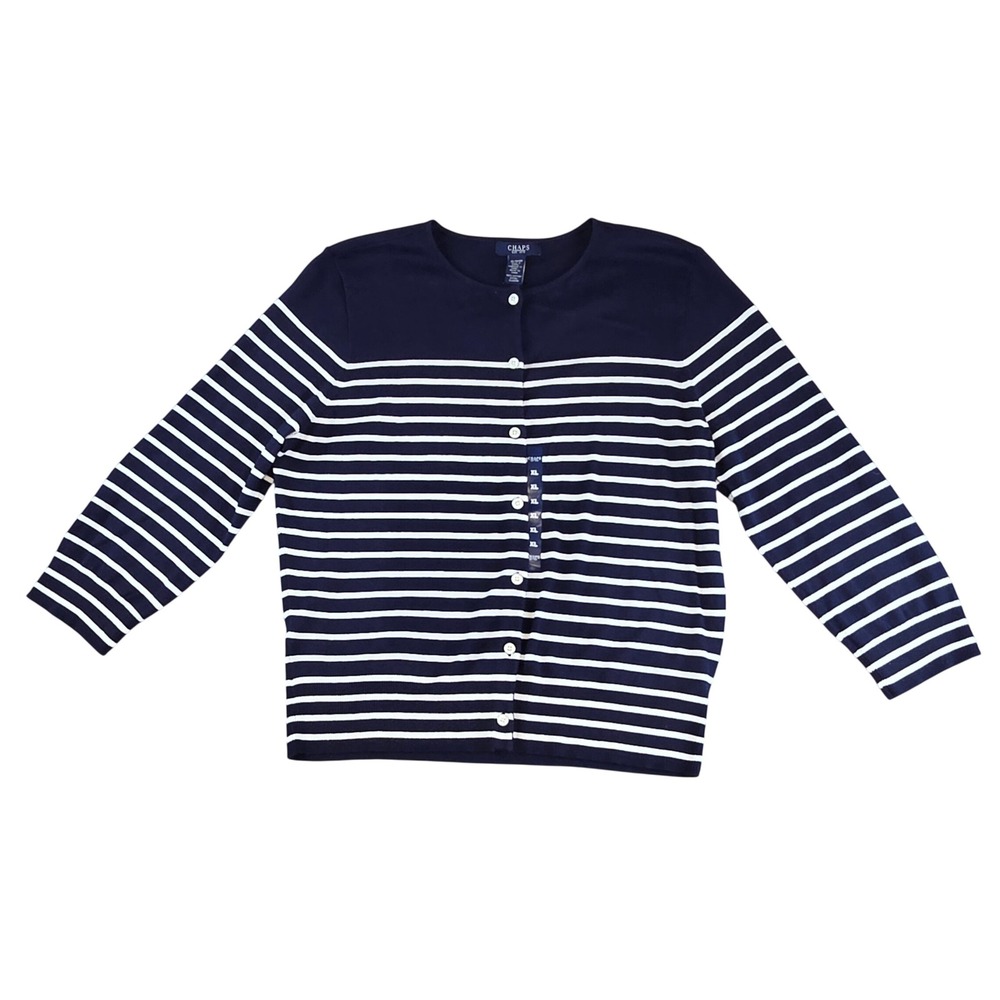 NWT Chaps Navy White Striped Cotton Button Front Cardigan Sweater XL Nautical